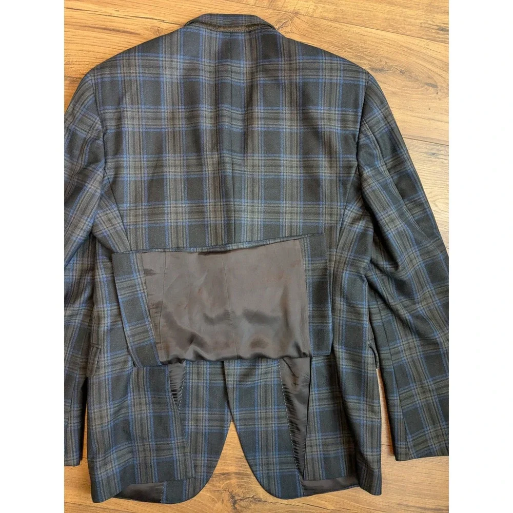 Peter Millar Plaid Sport Coat Blazer Men Charcoal Blue Wool Blend Two Button 44T
